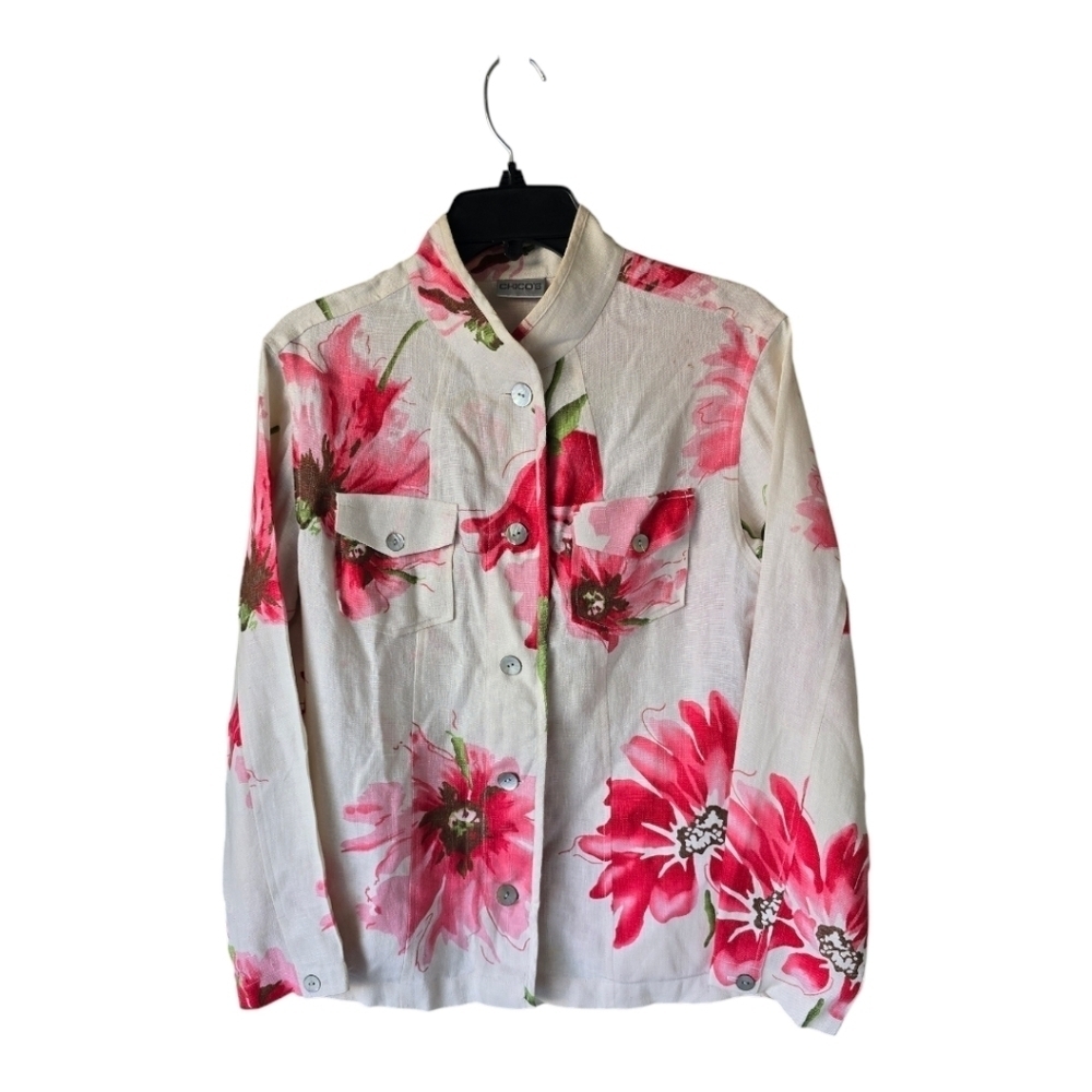 Chico's Floral 100% Linen Shirt Pink Green Long Sleeve ButtonUp Coastal